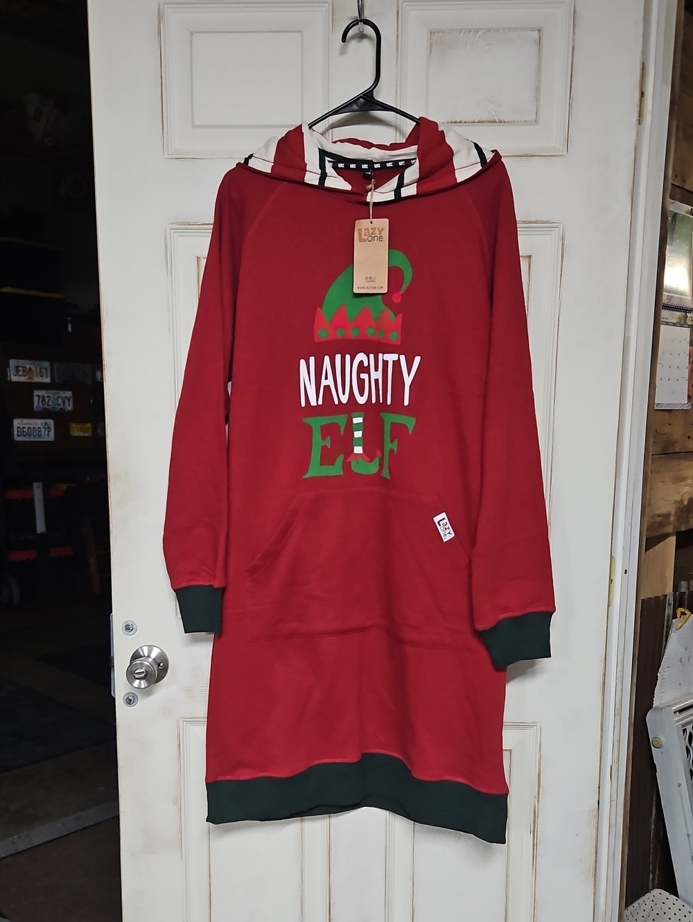 Lazy One Brand Red Hooded Women's/Unisex Nightshirt with Green 'Naughty Elf'